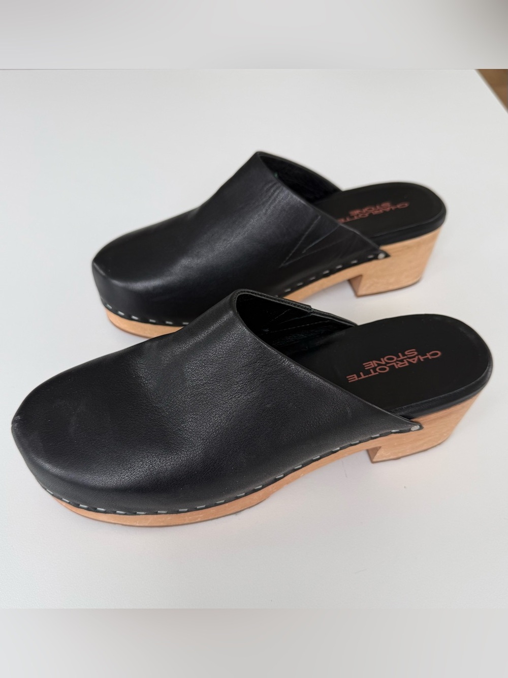Charlotte Stone Black Leather Clog Mules with Wood Block Heel - Picture 2 of 5